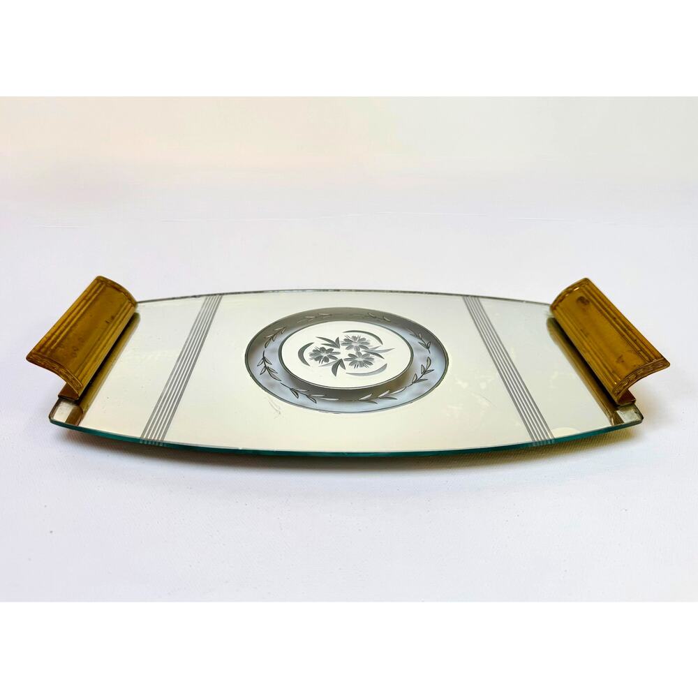 Art Deco Etched Glass and Brass Tray with Floral Medallion